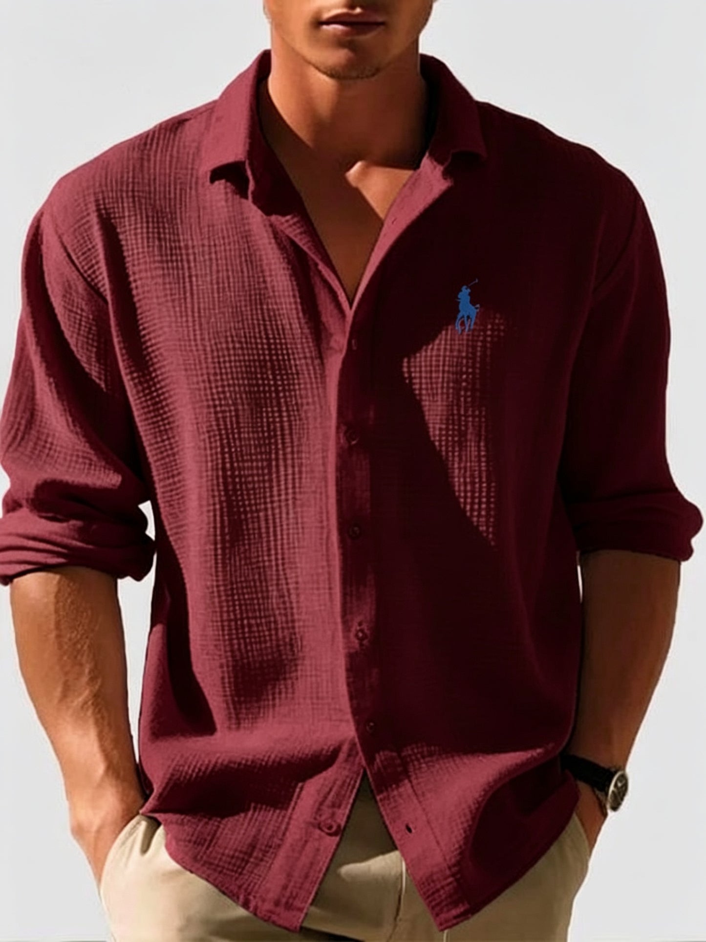 Men's Waffle-Knit Long-Sleeve Casual Shirt | Clearance Price